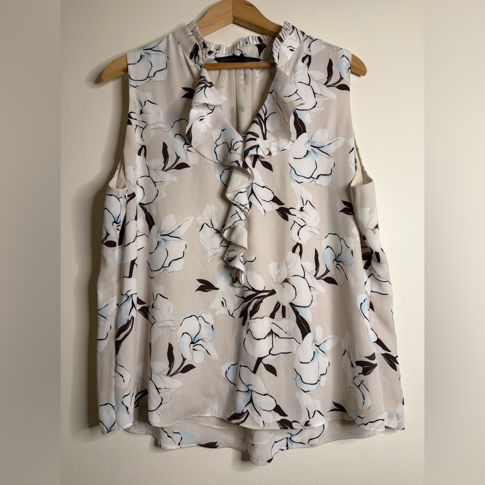 White House Black Market Floral Ruffle Blouse - Cream and Black